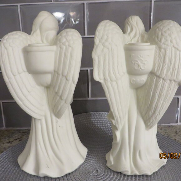 BEAUTIFUL! Porcelain Bisque Ceramicic Angel Candlestickck Set - Picture 4 of 7